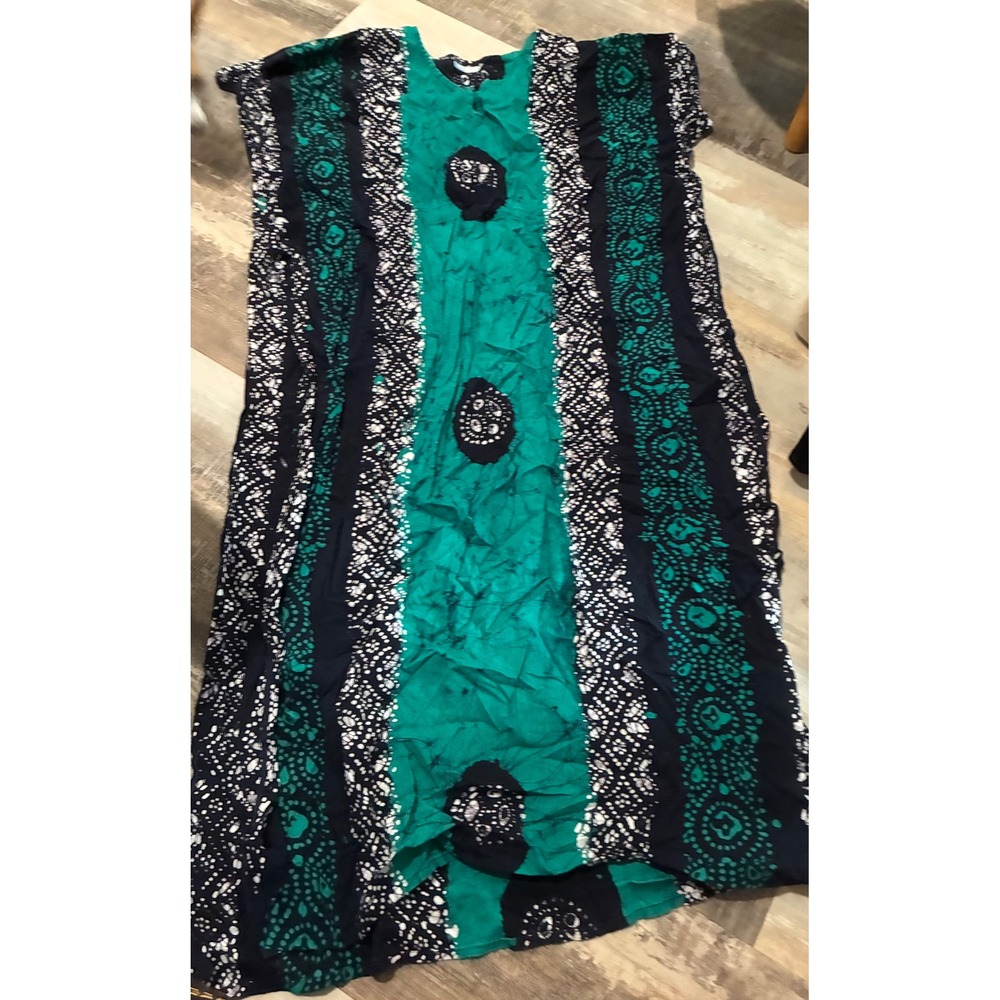 J Lee Batik Print Kaftan Maxi Dress Teal Black White Boho Loungewear One Size